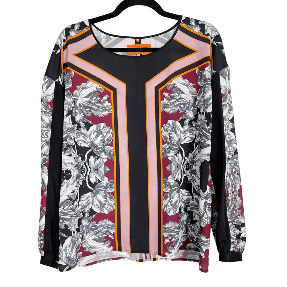 Clover Canyon Medium M Geometric Flower Drawing Blouse Top Long Sleeve Keyhole